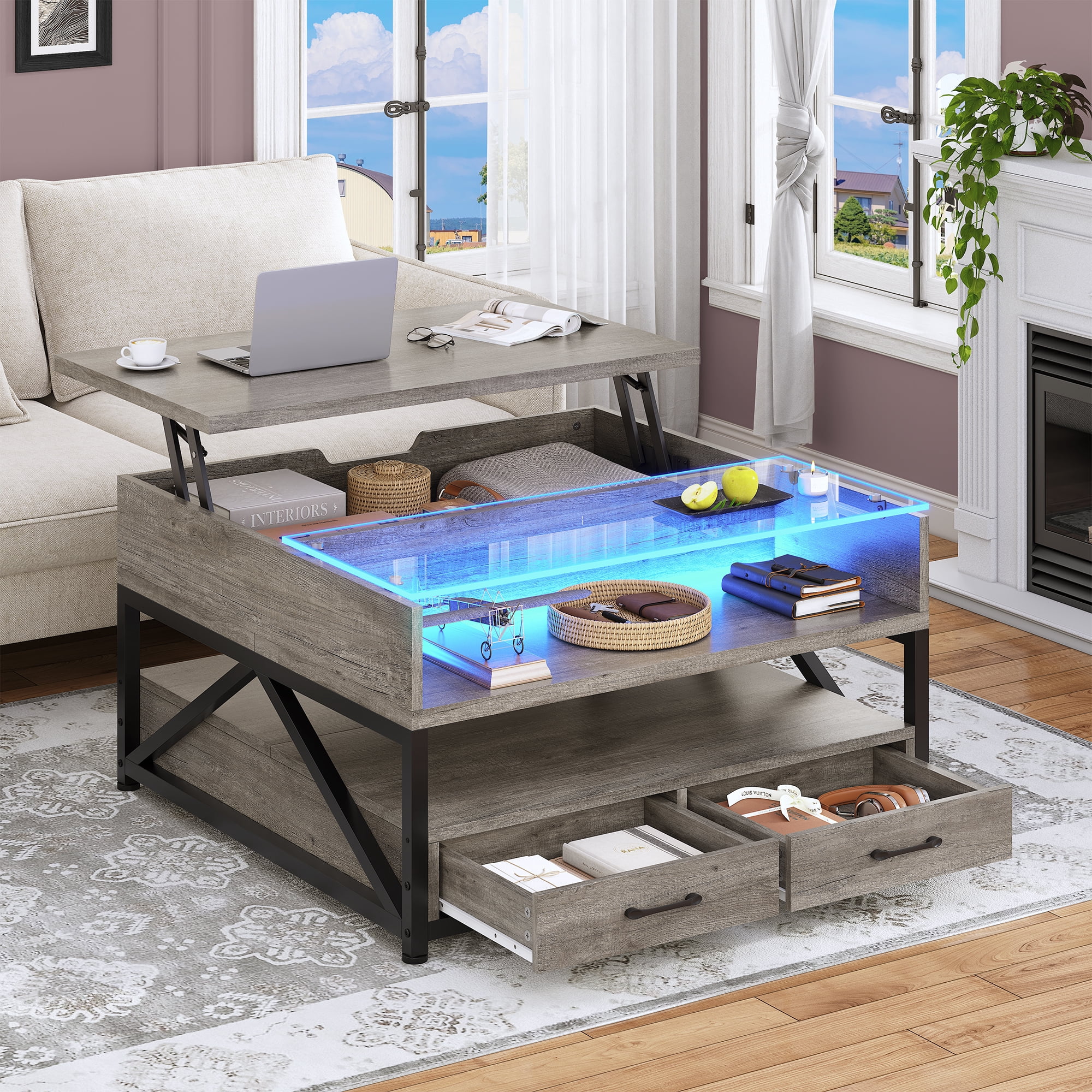 Salone Rising Table Afuhokles Lift Top Coffee Table with Hidden Compartment, Glass Top ...