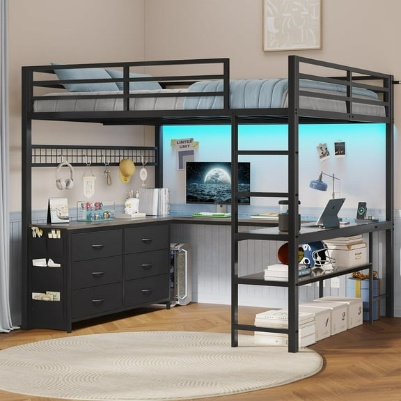 Afuhokles Loft Bed Full Size with U-Shaped Desk, 6 Storage Drawers, Power Outlet, LED Metal Loft Bed with 2 Storage Shelves, Bed with Safety Guardrail & Ladders, No Box Spring Needed, Gray
