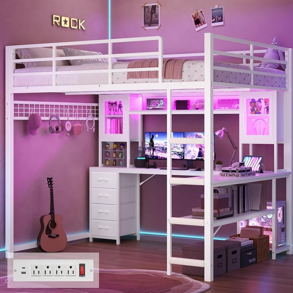 Afuhokles Loft Bed Full Size with Desk and Hutch, Storage Drawers, Power Outlet, White