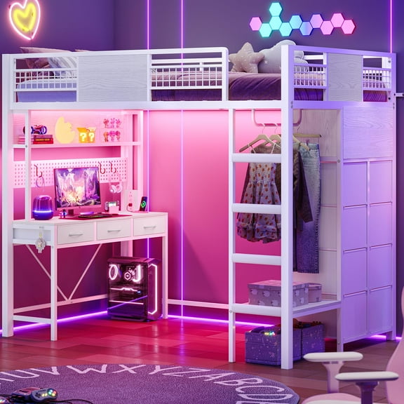 Afuhokles Loft Bed Twin Size with Desk, 11 Storage Drawers, Metal Loft with RGB Lights, Charging Station, White