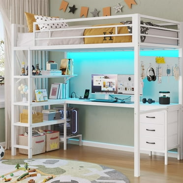 Afuhokles Loft Bed Twin Size with L-Shaped Desk and Charging Station, LED Light Twin Metal Loft Bed with Fabric Drawers and Shelves, White