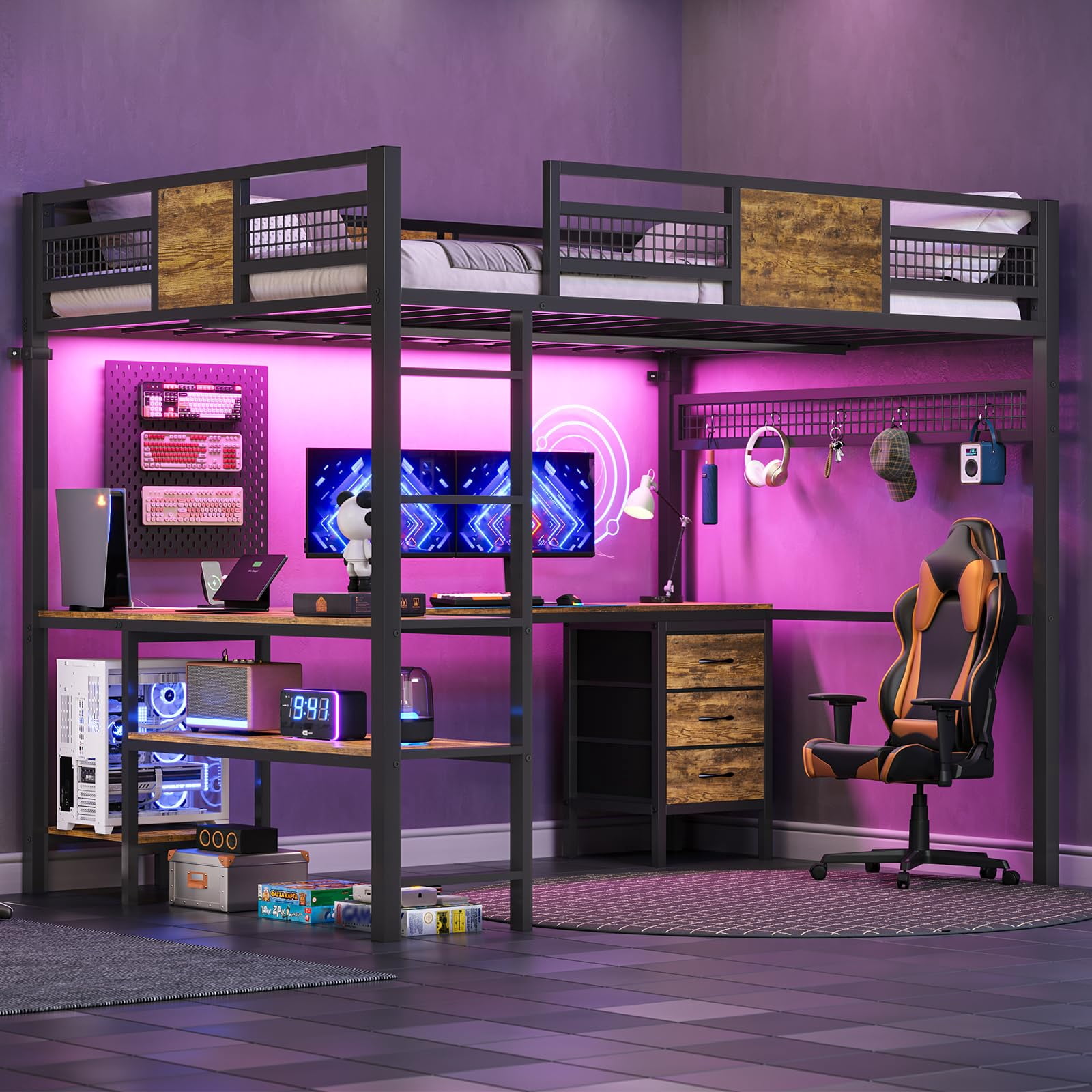 Afuhokles Loft Full Size Bed with Desk, LED Lights and Charging Station ...