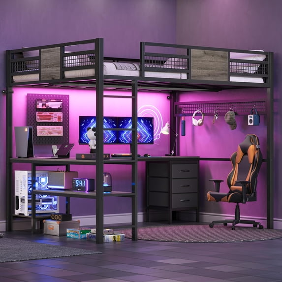 Afuhokles Loft Full Size Bed with Desk, LED Lights and Charging Station ...