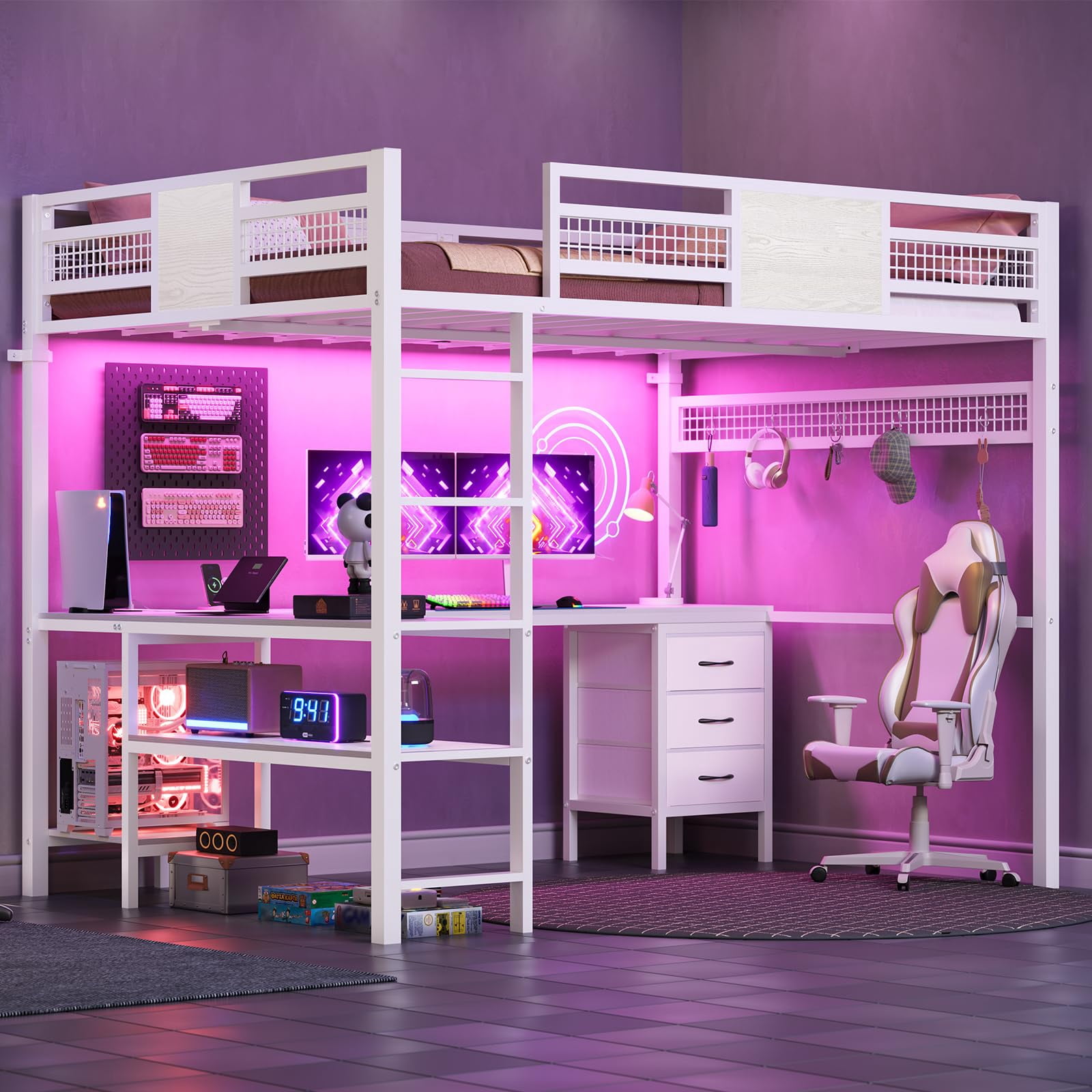 Afuhokles Loft Full Size Bed with Desk, LED Lights and Charging Station ...