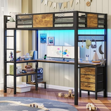 Afuhokles Loft Twin Size Bed with Desk, LED Lights and Charging Station, Metal Loft Bed Frame with Fabric Drawers and Shelves, Black