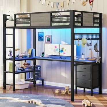 Afuhokles Loft Twin Size Bed with Desk, LED Lights and Charging Station, Metal Loft Bed Frame with Fabric Drawers and Shelves, Gray