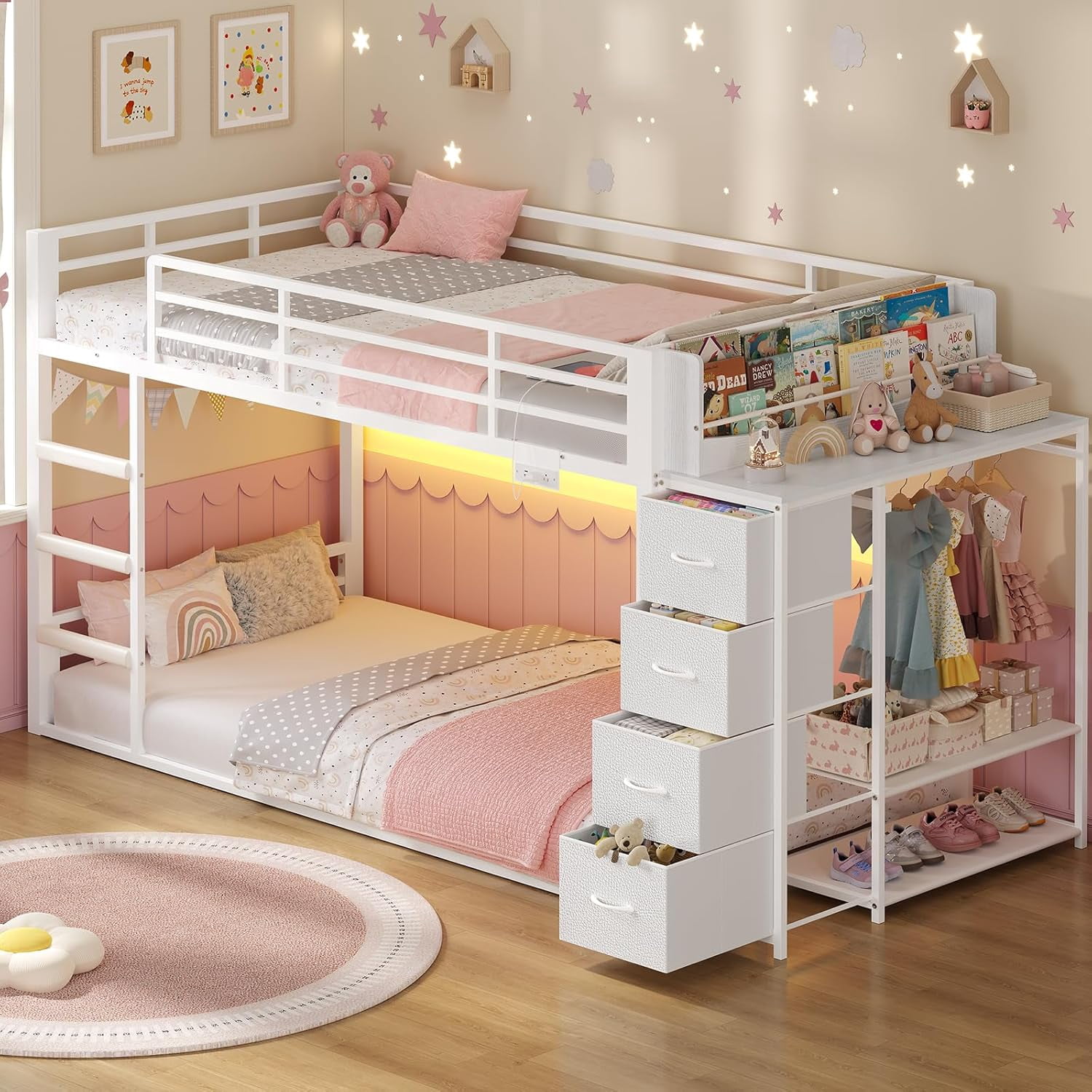 Afuhokles Low Bunk Bed Twin Over Twin with Bookshelf, 4 Storage Drawers ...