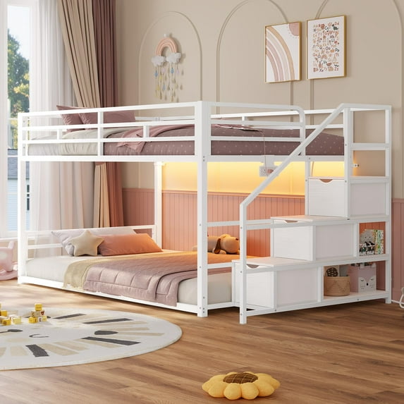 Afuhokles Low Bunk Bed Twin Over Twin with Storage Staircase, Drawers and Shelves, LED Lights Metal Floor Bunk with Power Outlet, White