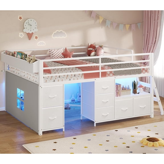 Afuhokles Low Loft Bed Full Size with 7 Storage Drawers, Bookcase and LED Lights, Metal Loft Bed, White