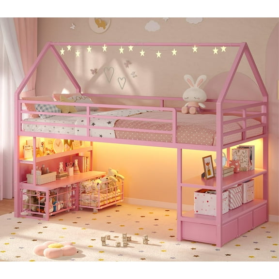Afuhokles Low Loft Bed Twin Size with 5 Storage Drawers, Bookcase and LED Lights, Pink