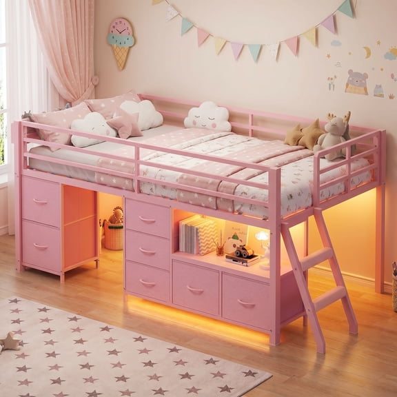 Afuhokles Low Loft Bed Twin Size with 7 Storage Drawers, Bookcase and LED Lights, Metal Loft Bed, Pink