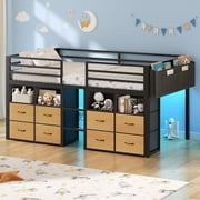 Afuhokles Low Loft Bed Twin Size with 8 Storage Drawers, Twin Loft Bed with Bookcase and LED Lights, Black