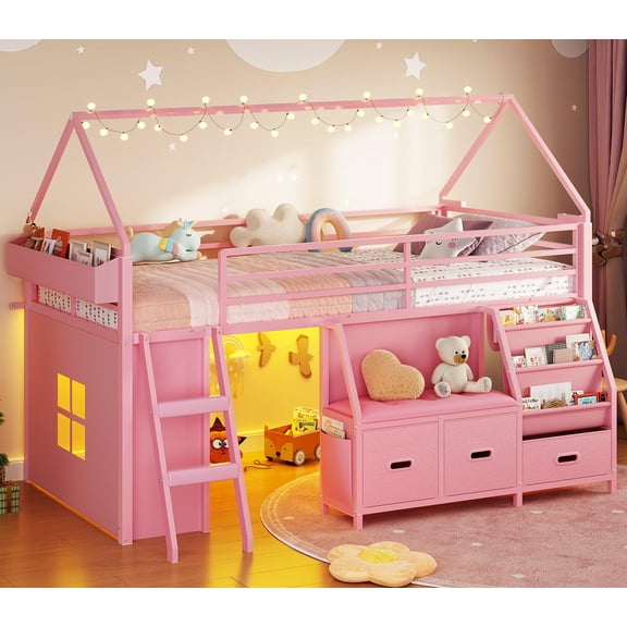 Afuhokles Low Loft Bed Twin Size with Bookshelf, LED Loft Bed with 3 Drawers, Pink
