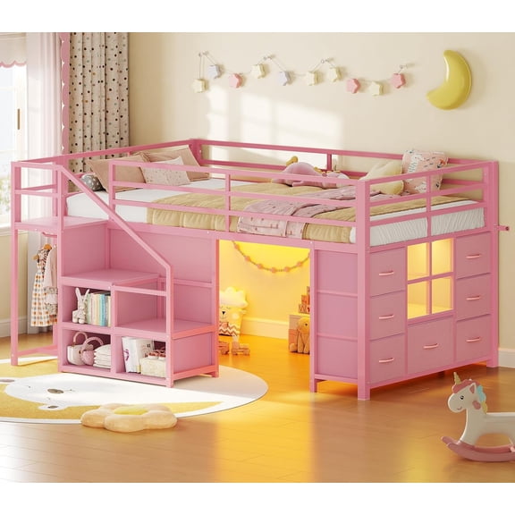 Afuhokles Low Loft Bed Twin Size with Stairs and LED Lights, Loft Bed with 7 Storage Drawers and 3 Open Cubbies, Pink