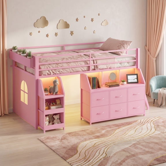 Afuhokles Low Loft Bed Twin Size with Storage, Open Bookshelf and LED Lights, Pink