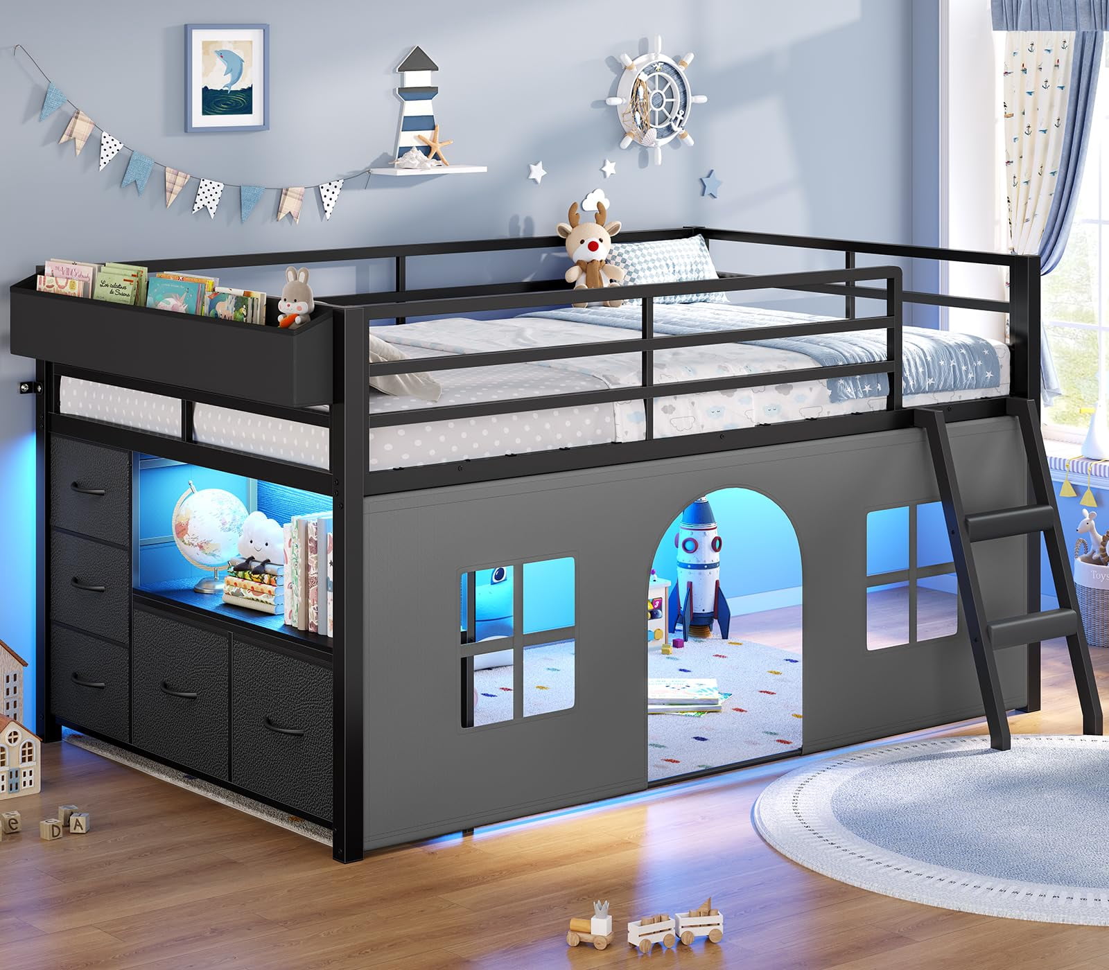 Afuhokles Low Loft Bed Twin Size with Tent, 5 Storage Drawers, LED ...
