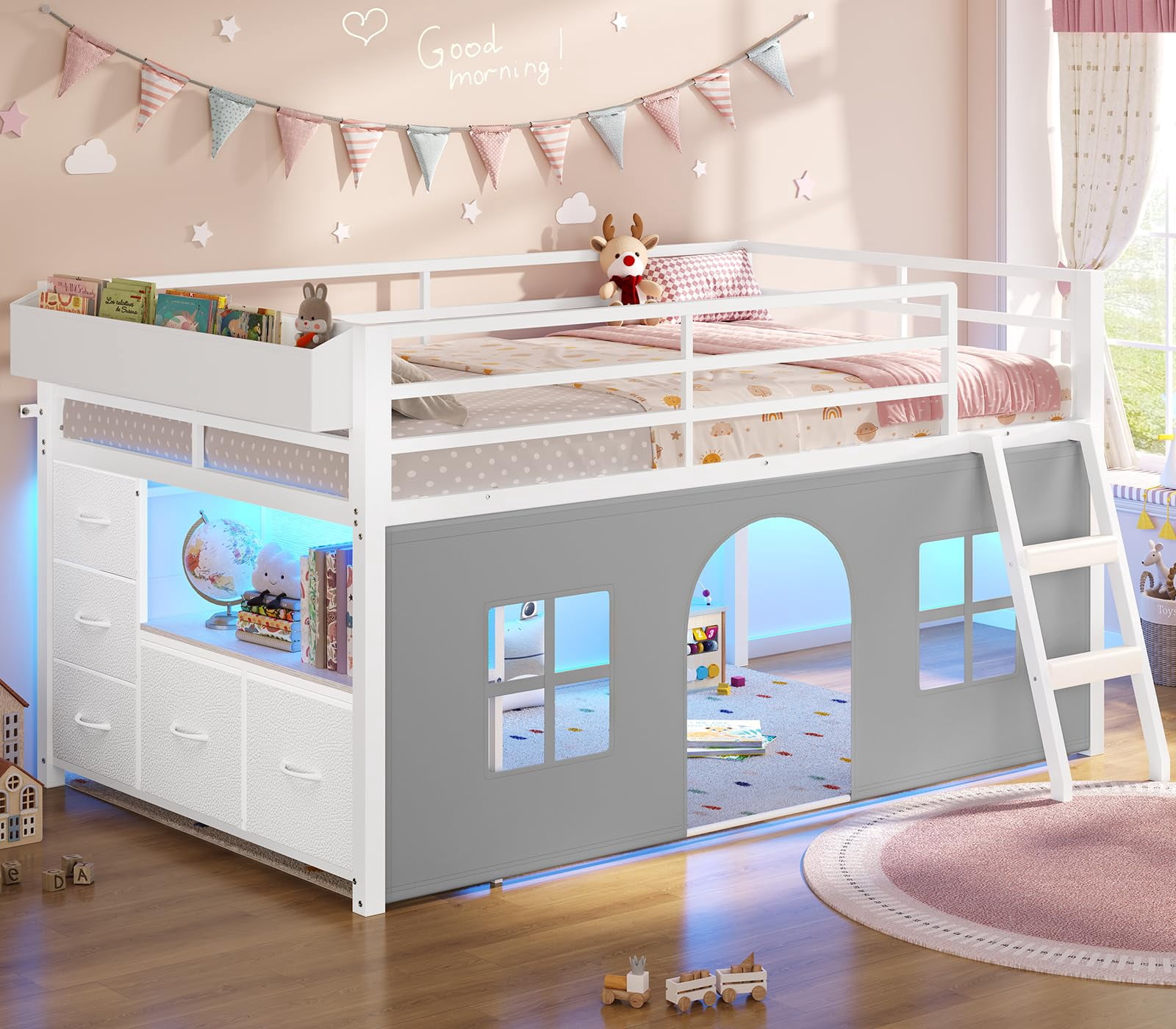 Afuhokles Low Loft Bed Twin Size with Tent, 5 Storage Drawers, LED ...