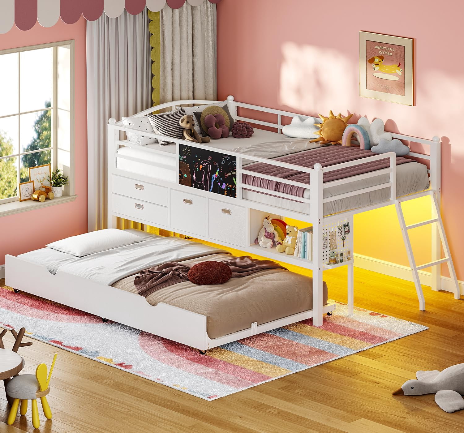 Afuhokles Low Loft Bed Twin Size with Trundle, Loft Bed with 4 Storage ...