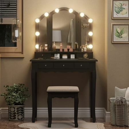Afuhokles Vanity Set Desk with Lighted Tri-Fold Mirror and Stool Table Set, Black