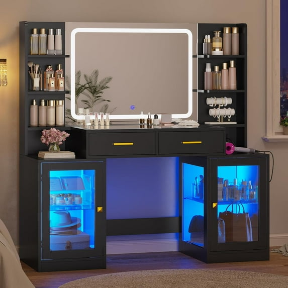 Afuhokles Makeup Vanity with Mirror and Lights, RGB Cabinets, Vanity Desk with 2 Glass Top Drawers and Power Outlet, Black