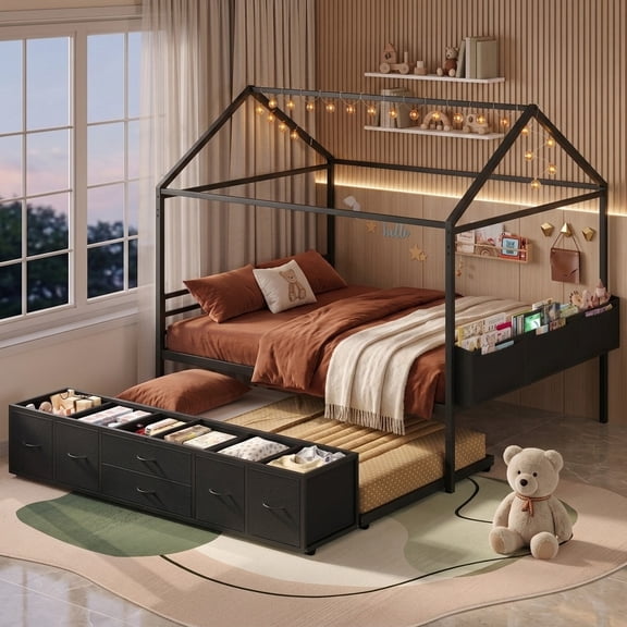Afuhokles Metal House Full Size Bed Frame with Pull-Out Trundle and Storage Chest Drawers, Black
