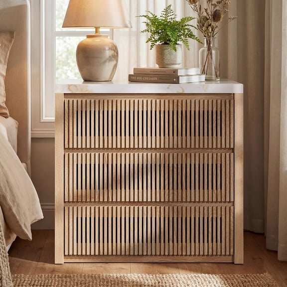 Afuhokles Modern 3-Drawer Nightstand with Faux Marble Top, Fluted Bedside Table with Large Storage Drawers, Oak