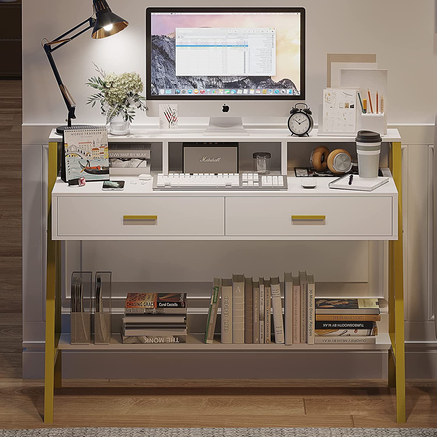 Afuhokles Modern Computer Desk with Drawers, Built-in Hutch, Monitor ...