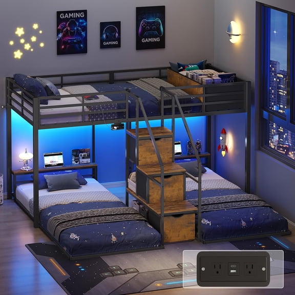 Afuhokles Modern L-Shaped Triple Bunk Bed with Integrated Storage Stairs, LED Atmosphere Lights and Charging Station - Heavy Duty Twin Metal Bed Frame with 3 Storage Drawers, Black