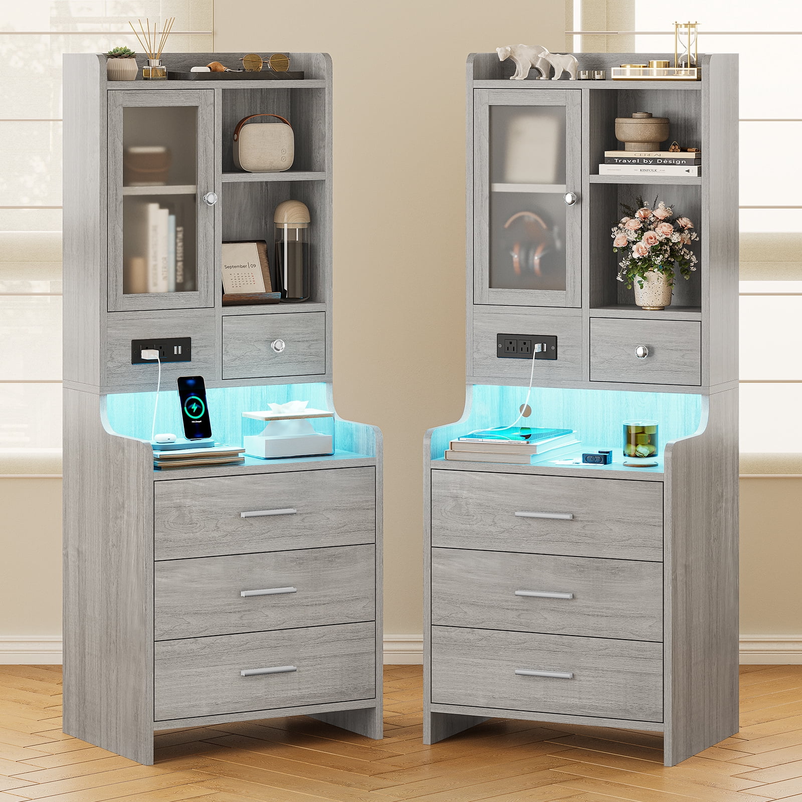 Afuhokles Tall Nightstand Set of 2 with Charging Station for Bedroom, Bedside Table with 4 Drawers, LED Night Stand with Bookshelf, Gray