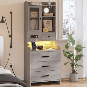 Afuhokles Modern LED Nightstand with 4 Drawers & Charging Station, Gray