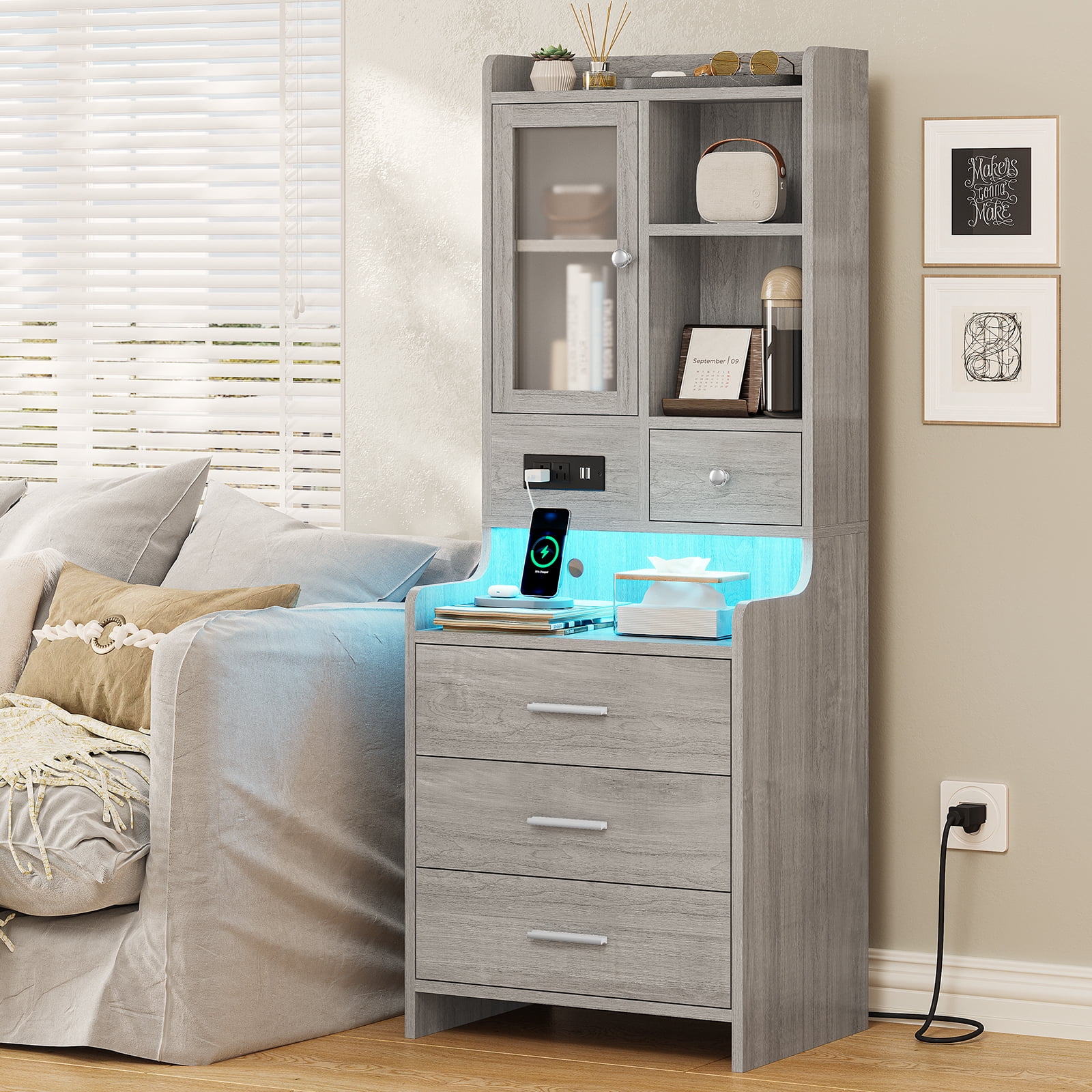 Afuhokles Modern LED Nightstand with 4 Drawers & Charging Station, Gray