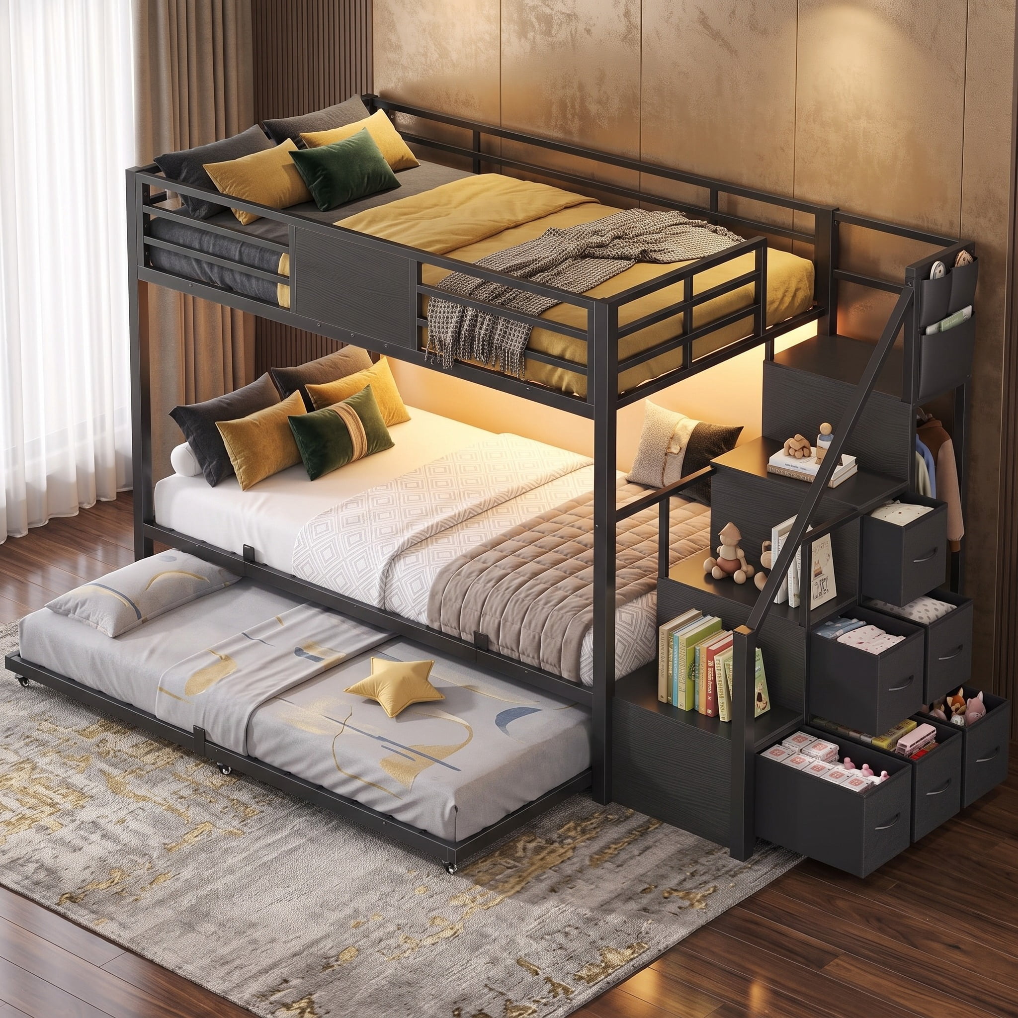 Afuhokles Modern Metal Twin-over-Twin Bunk Bed with Storage Staircase
