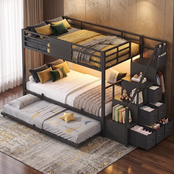 Afuhokles Modern Metal Twin-over-Twin Bunk Bed with Storage Staircase, Drawer Chest, Trundle, Clothing Rack, and Integrated LED Lighting, Black