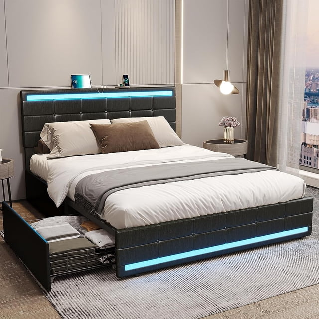 Afuhokles Queen Bed Frame with LED Lights, USB Ports, Storage Drawers ...