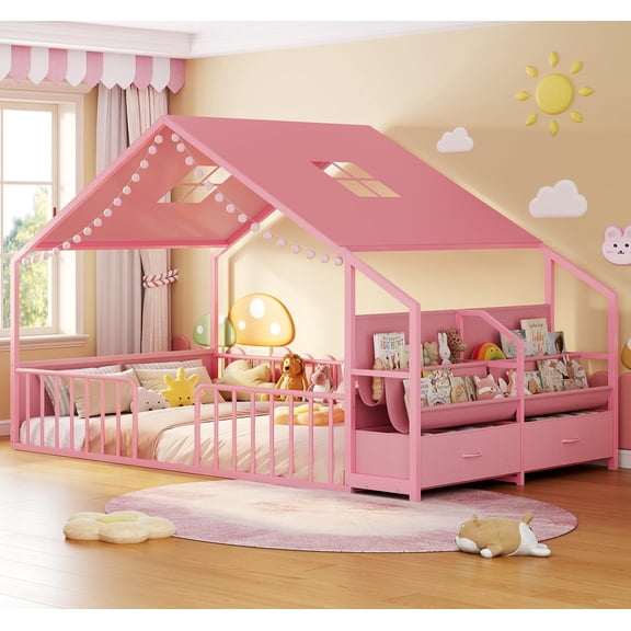 Afuhokles Montessori Full Floor Bed Frame with Sling Bookshelves & Storage Drawers, House Shape Floor Bed, Pink