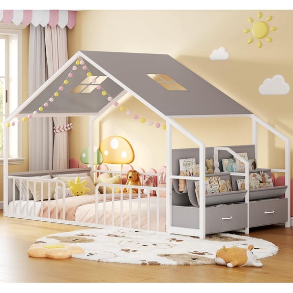 Afuhokles Montessori Twin Floor Bed Frame with Sling Bookshelves & Storage Drawers, House Shape Floor Bed, White