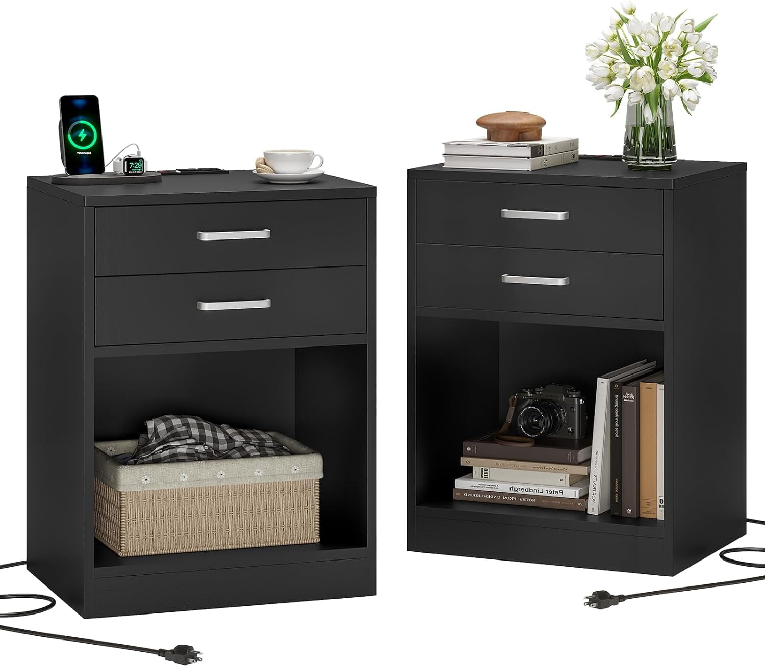 Afuhokles Nightstand Set of 2,Black Bedside Table with Charging Station 2 Drawers