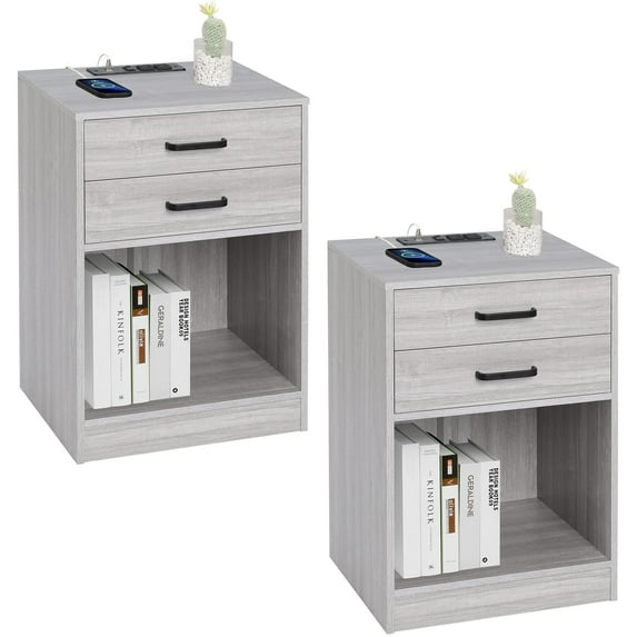Afuhokles Nightstand Set of 2,Gray Bedside Table with Charging Station 2 Drawers
