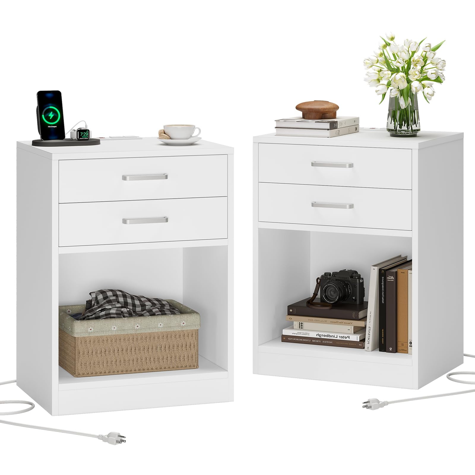 Afuhokles Nightstand Set of 2,White Bedside Table with Charging Station 2 Drawers