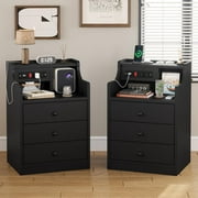 Afuhokles Nightstand Set of 2 with Charging Station, Bedside Table with Hutch and Storage Drawers, Black