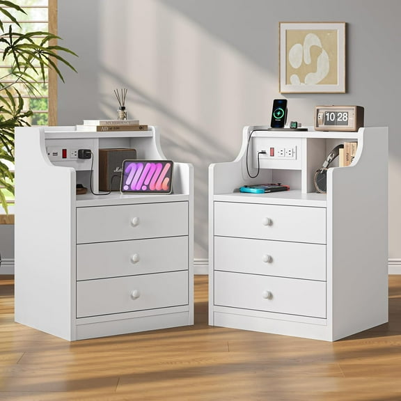 Afuhokles Nightstand Set of 2 with Charging Station, Night Stand End Table with Hutch and Storage Drawers, White