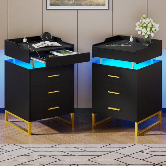Afuhokles Nightstand Set of 2 with Charging Station USB Port and LED Light, 3 Drawer Bedside Table with Pull Out Tray and Gold Leg, Black