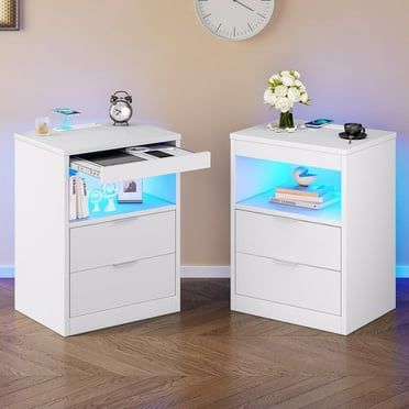 Afuhokles Nightstand Set of 2 with Wireless Charging Station and 2 Drawers, Bedside Table with with LED Lights, White