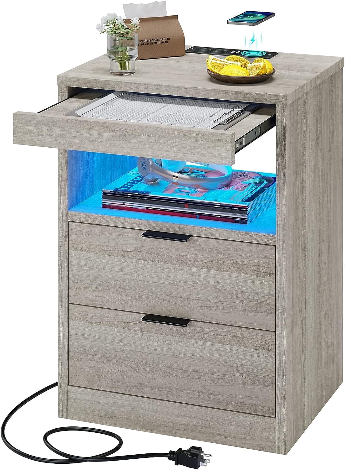 Afuhokles Nightstand with Wireless Charging Station and LED Lights, Gray Night Stand with 2 Drawers and Open Storage for Bedroom, Bedside Table with Pull-Out Shelf