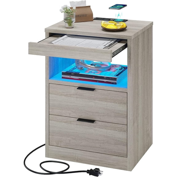 Afuhokles Nightstand with Wireless Charging Station and LED Lights, Gray Night Stand with 2 Drawers and Open Storage for Bedroom, Bedside Table with Pull-Out Shelf