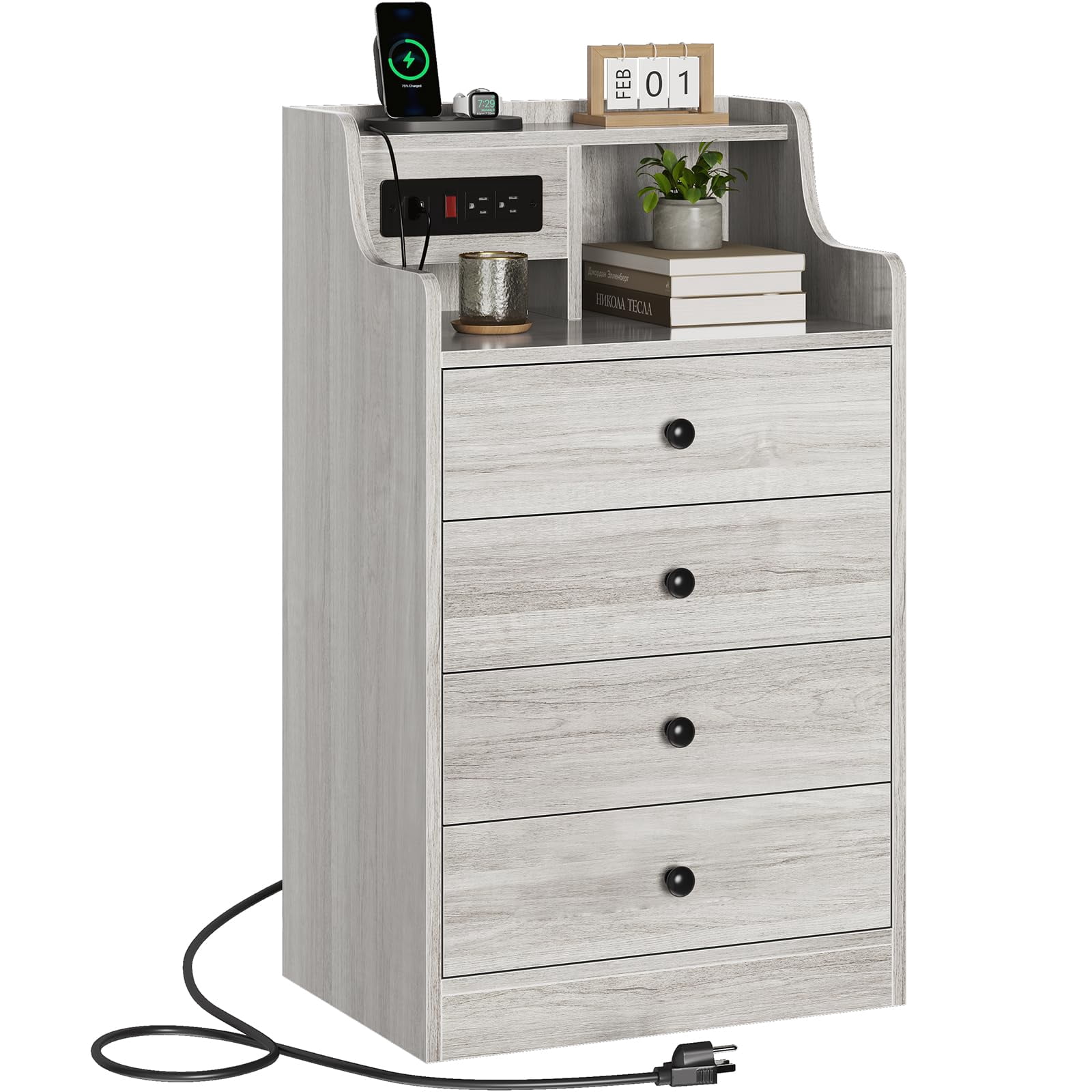 Afuhokles Nightstand with Charging Station, Bedside Table with 4 Drawers,End Table with Hutch, Gray