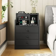 Afuhokles Nightstand with Charging Station, Night Stand with Hutch and Storage Drawers, Black