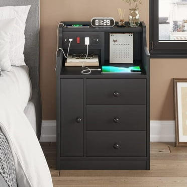 Afuhokles Nightstand with Charging Station USB Port, Bedside Table with Hutch and 3 Drawers, Black