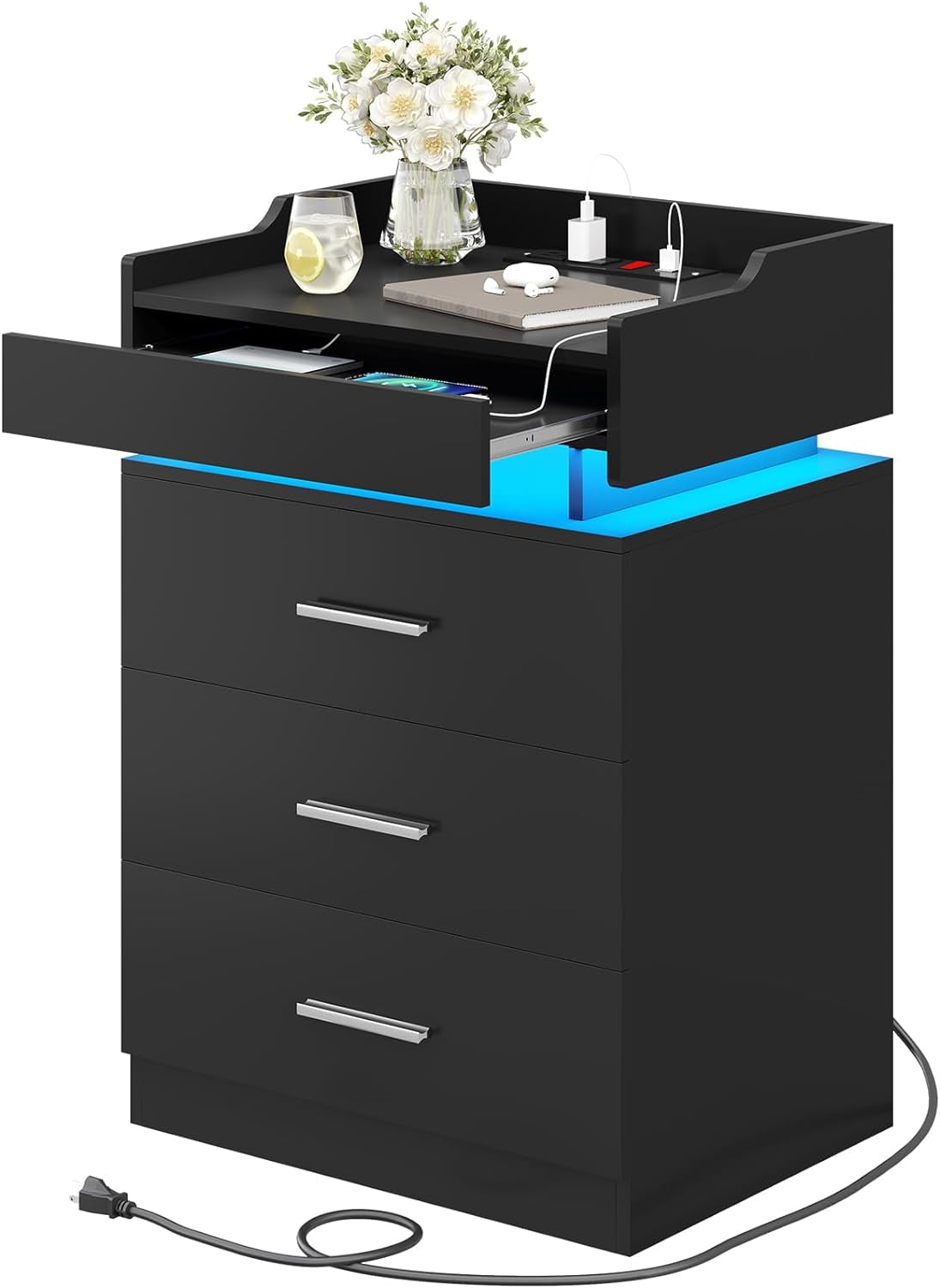 Afuhokles Nightstand with Charging Station USB Port and LED Light, 3 Drawers Bedside Table with Pull-Out Tray, Black