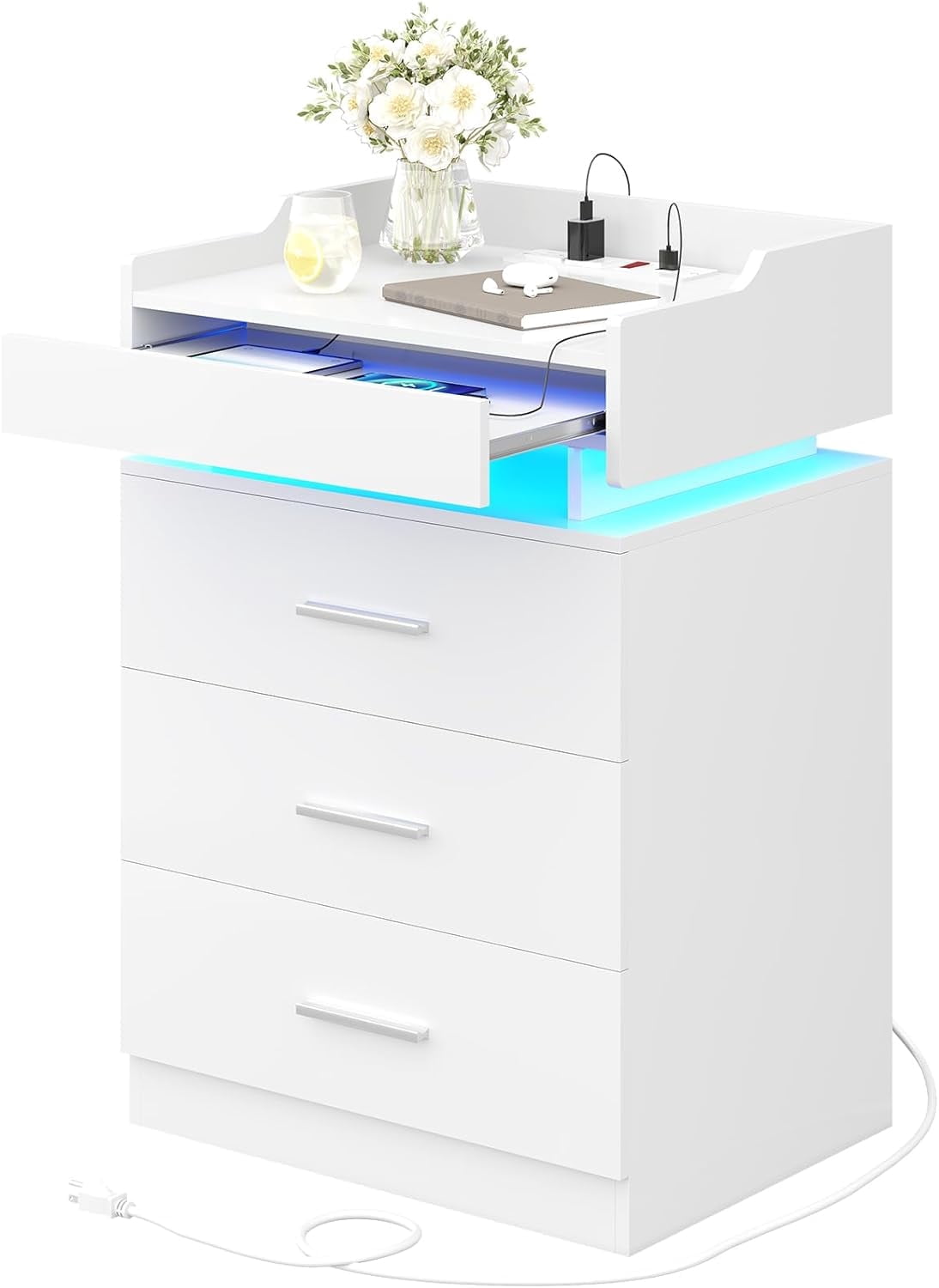 Afuhokles Nightstand with Charging Station and LED Lights, Night Stand with 3 Drawers, White